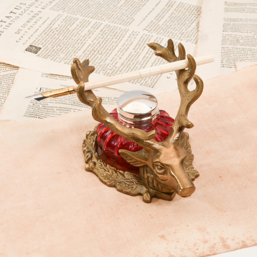 Antiqued Brass Stag Inkwell Stand with Accessories