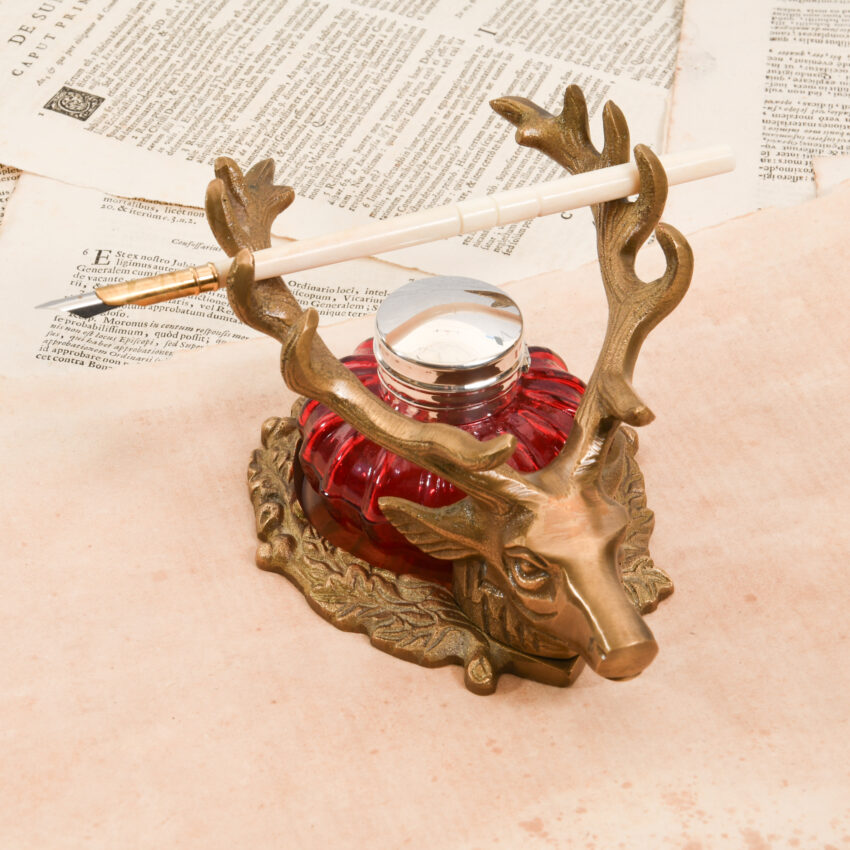 Antiqued Brass Stag Inkwell Stand with Accessories - Image 2