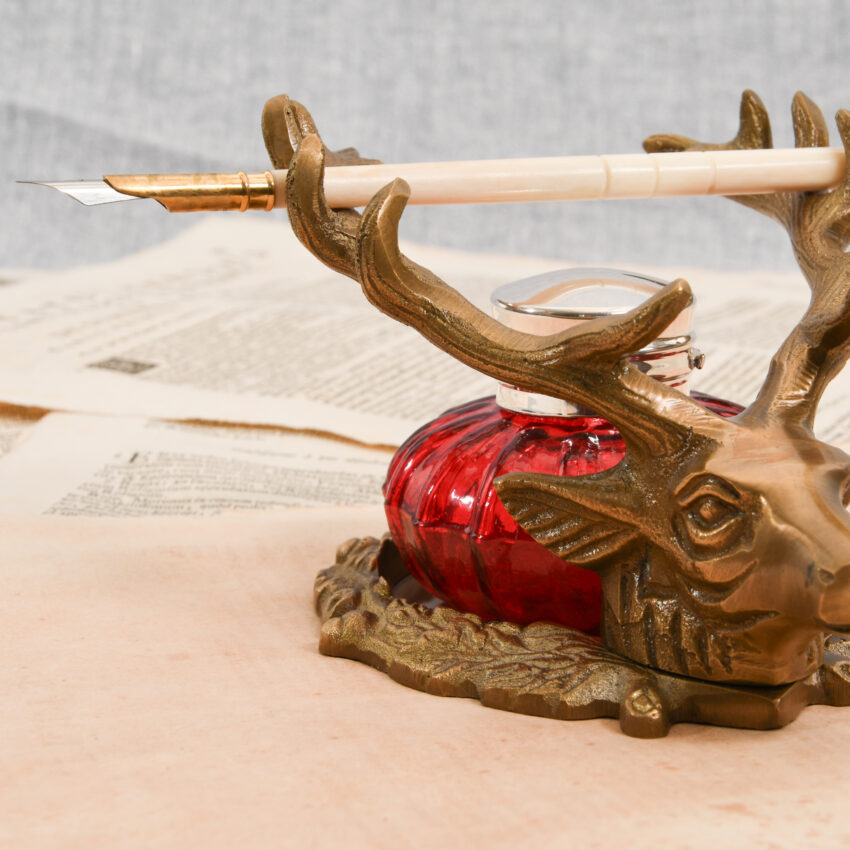 Antiqued Brass Stag Inkwell Stand with Accessories - Image 3