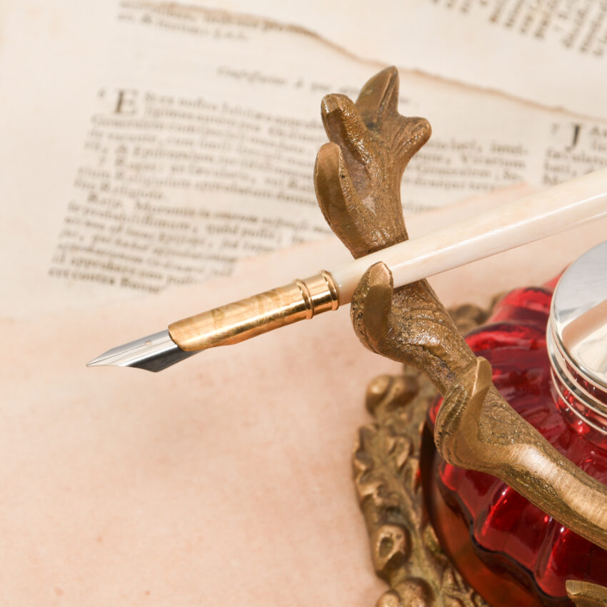 Antiqued Brass Stag Inkwell Stand with Accessories - Image 4