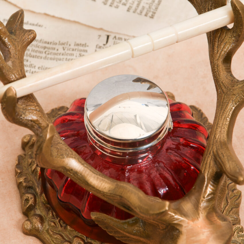 Antiqued Brass Stag Inkwell Stand with Accessories - Image 5