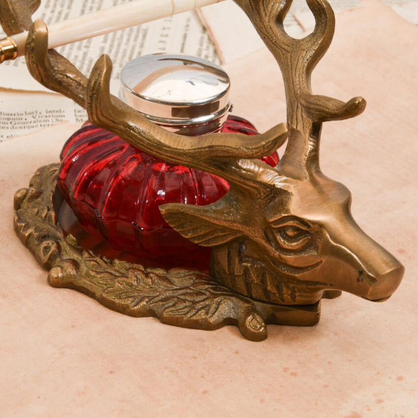 Antiqued Brass Stag Inkwell Stand with Accessories - Image 6