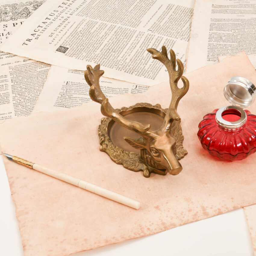 Antiqued Brass Stag Inkwell Stand with Accessories - Image 7