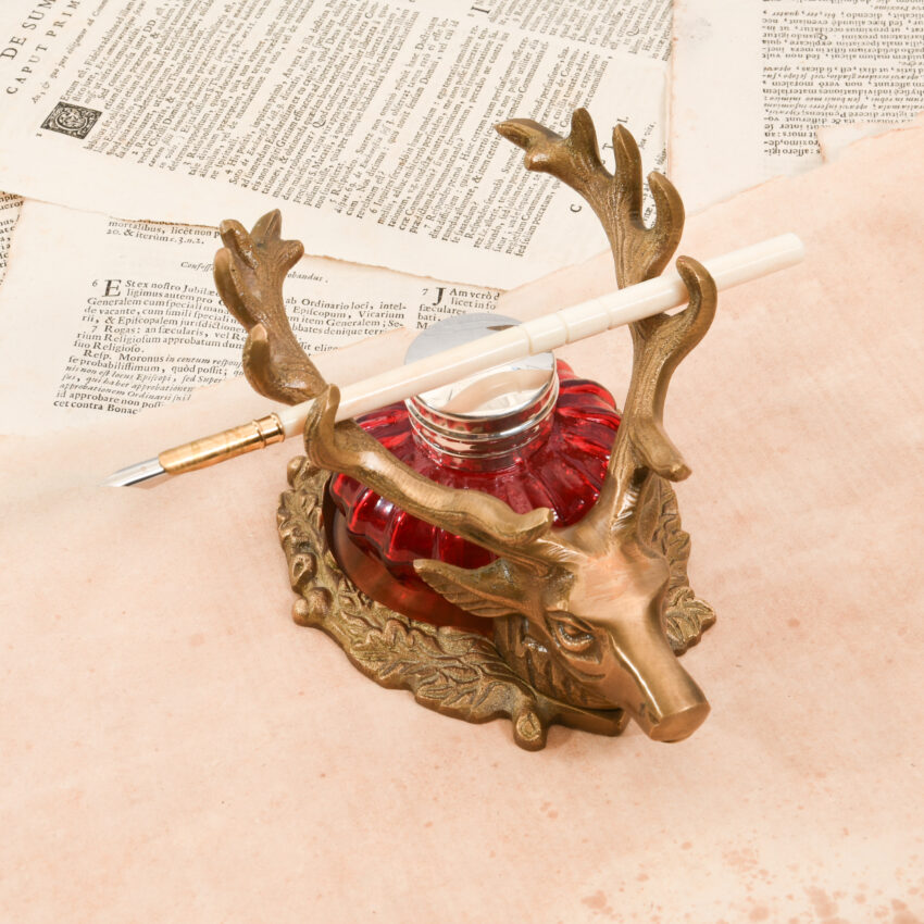 Antiqued Brass Stag Inkwell Stand with Accessories - Image 9