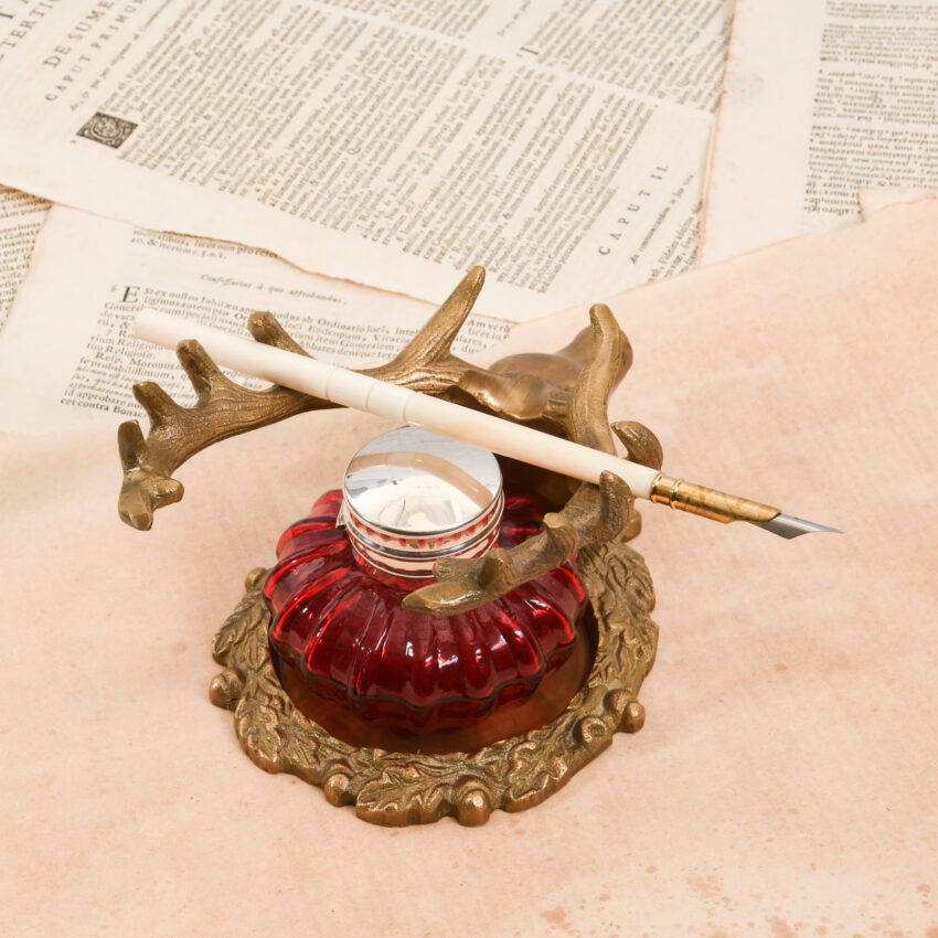 Antiqued Brass Stag Inkwell Stand with Accessories - Image 10